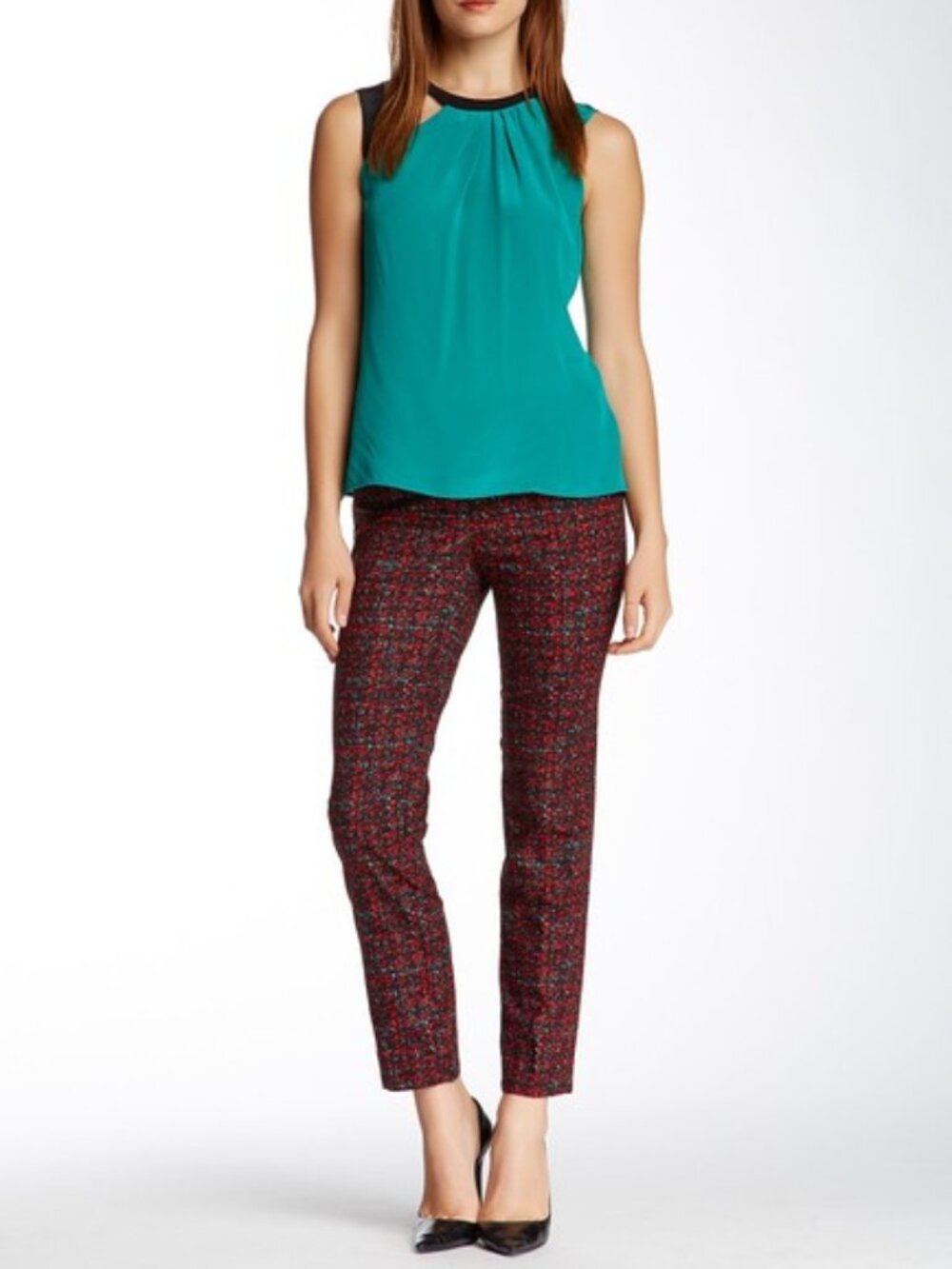 Nanette Lepore Tweed Pants Womens 6 Red Black Silk Blend Straight Leg